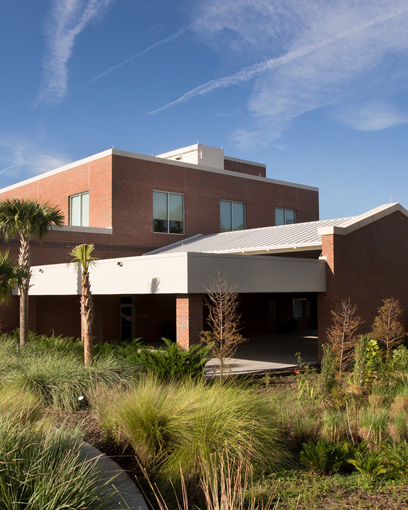 exterior of building blue sky palm trees